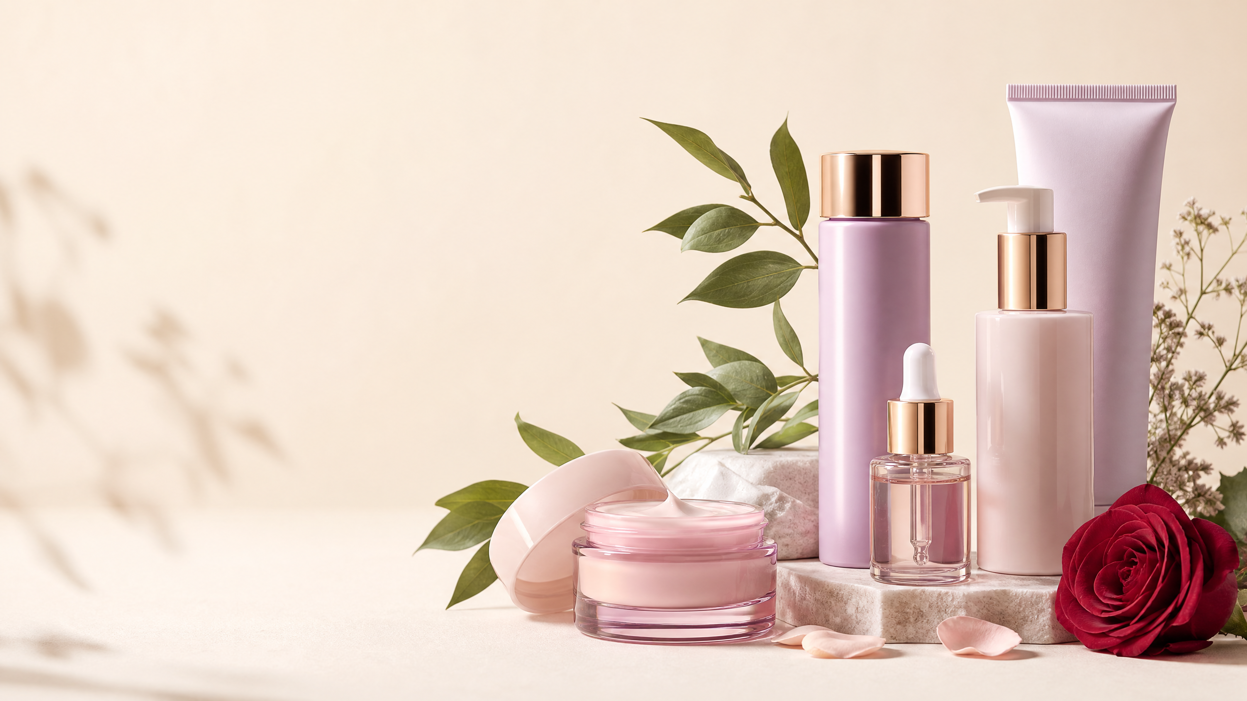 Produtos de beleza, flores e folhas em composição delicada